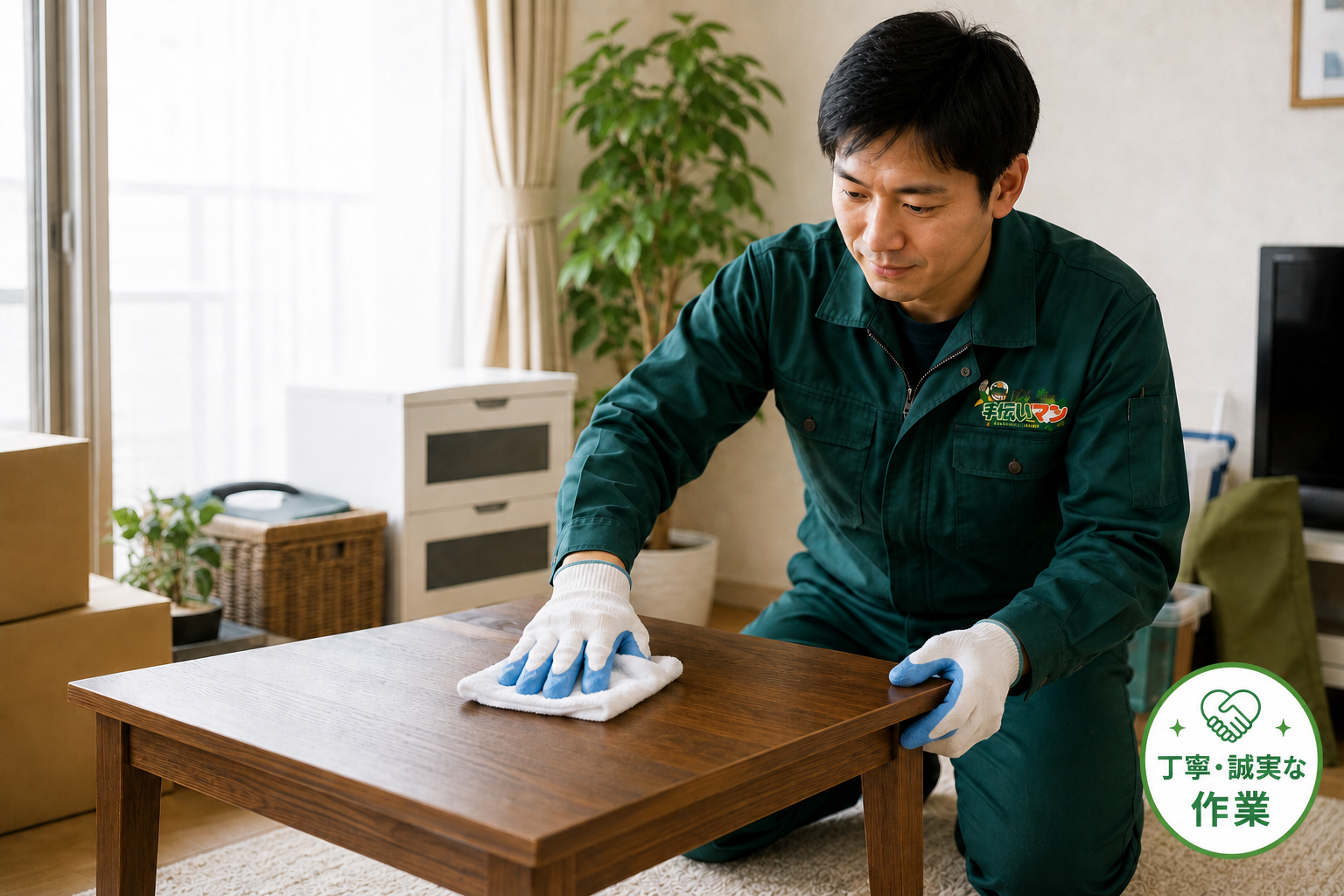 室内を丁寧に清掃する手伝いマンのスタッフ